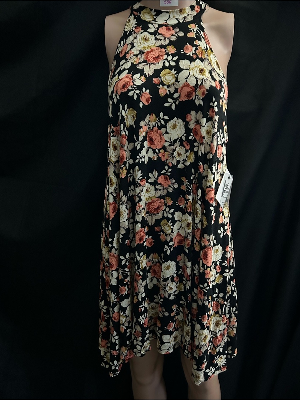 Vibe Sportswear Floral Halter Swing Dress Black Coral & Cream Roses LG NWT